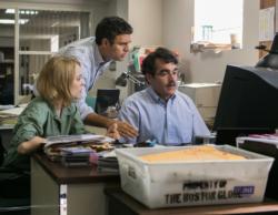Rachel McAdams, Mark Ruffalo and Brian d'Arcy James star in a scene from the movie "Spotlight." The Catholic News Service classification is A-III -- adults. The Motion Picture Association of America rating is R -- restricted. Under 17 requires accompanying parent or adult guardian. (CNS photo/Open Road Films) See MOVIE-REVIEW-SPOTLIGHT Nov. 9, 2015.
