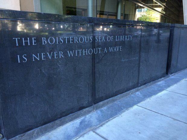 A Thomas Jefferson quote adorns the Mark O. Hatfield U.S. Courthouse, which stands 16 stories next to the Justice Center in downtown Portland. (Bryan Denson/The Oregonian)