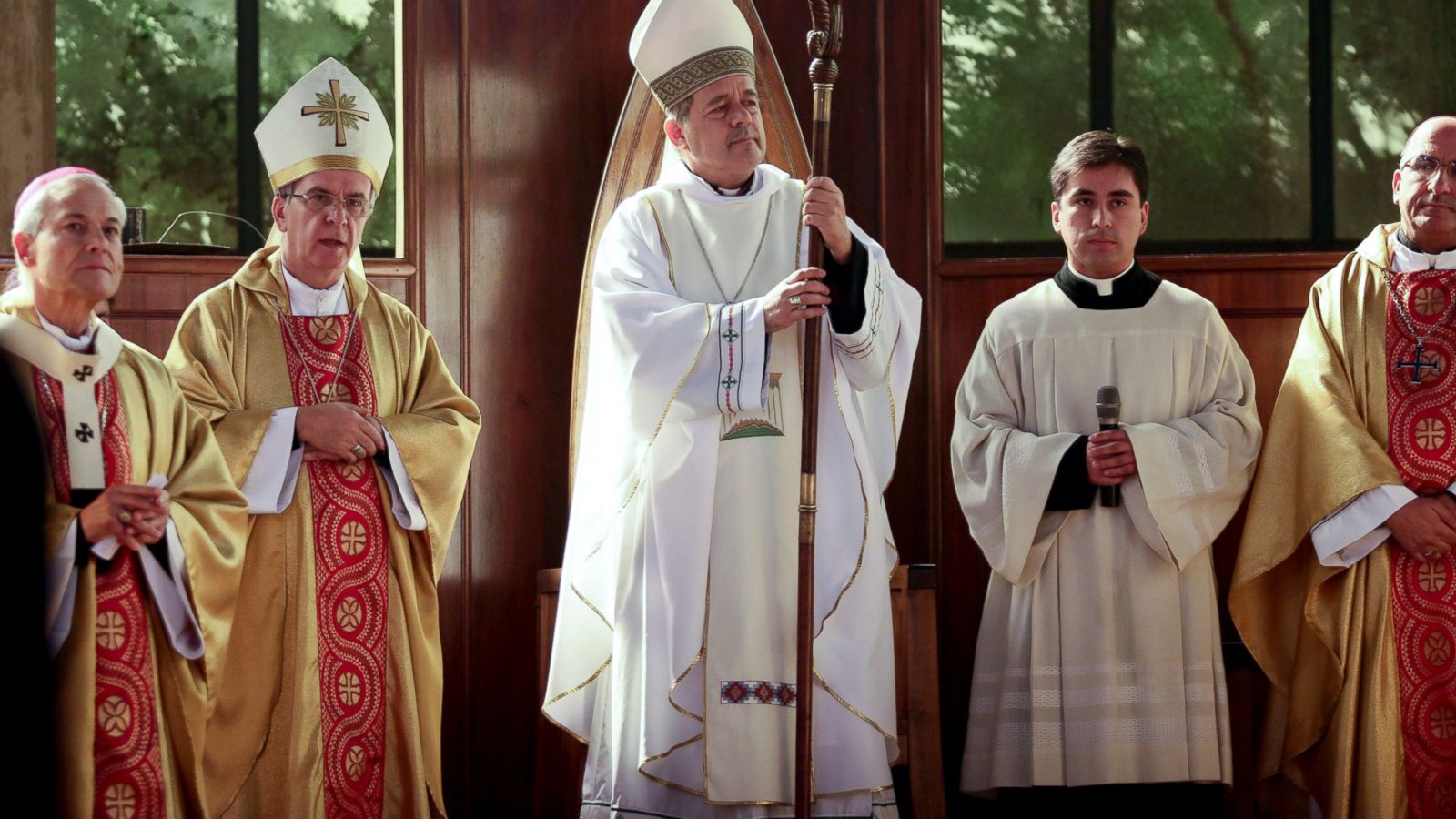 FILE - In this March 21, 2015 file photo, Rev. Juan Barros, center, attends his ordination ceremony as bishop in Osorno, southern Chile. Barros said Friday, Nov. 13, 2015, that he had no knowledge of the sexual abuses committed by the country's most infamous pedophile priest, the Rev. Fernando Karadima. (AP Photo/Mario Mendoza Cabrera, File) CHILE OUT - NO USAR EN CHILE