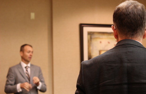 TalachLawyer Rob Talach and John, whose real name has not been released, speak to the press about the civil suit facing area priest Linus Bastien on Monday, November 16, 2015. (Photo by Alexandra Latremouille)