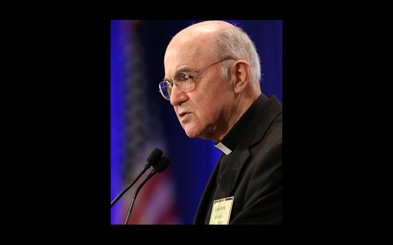 Archbishop Carlo Maria Vigano, apostolic nuncio to the United States, speaks Nov. 10, 2014, during the annual fall general assembly of the U.S. Conference of Catholic Bishops in Baltimore. (CNS/Bob Roller)