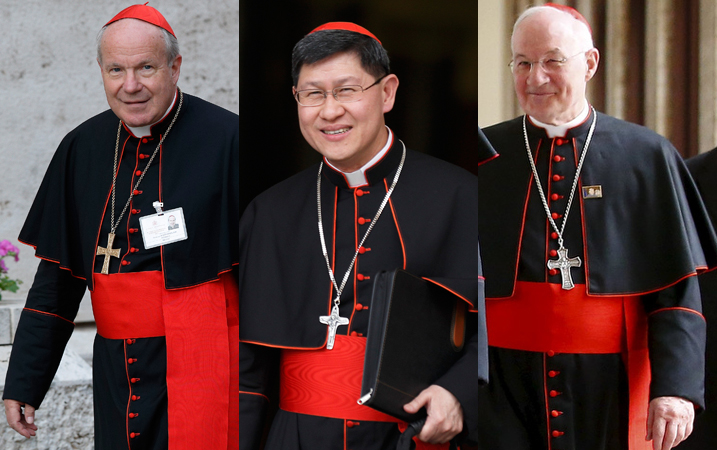 Cardinals who might attract cross-over support in the next conclave are (L-R) Christoph Schonborn of Vienna, Luis Antonio Tagle of Manila, and Marc Ouellet of Canada. (CNS photos)