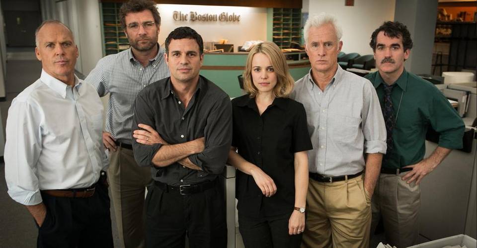 Michael Keaton, Liev Schreiber, Mark Ruffalo, Rachel McAdams, John Slattery and Brian d’Arcy James play Boston Globe workers investigating pedophile priests in “Spotlight.” Open Road Films