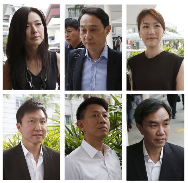 The convicted (top-left to bottom-right): Serina Wee, Chew Eng Han, Sharon Tan, Kong Hee, Tan Ye Peng and John Lam