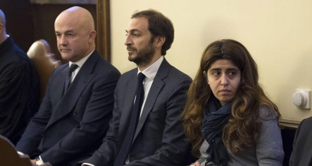 Italian journalists Gianluigi Nuzzi and Emiliano Fittipaldi and PR consultant Francesca Chaouqui during the Vatileaks 2 trial in the Vatican. Photograph: EPA/L’Osservatore Romano