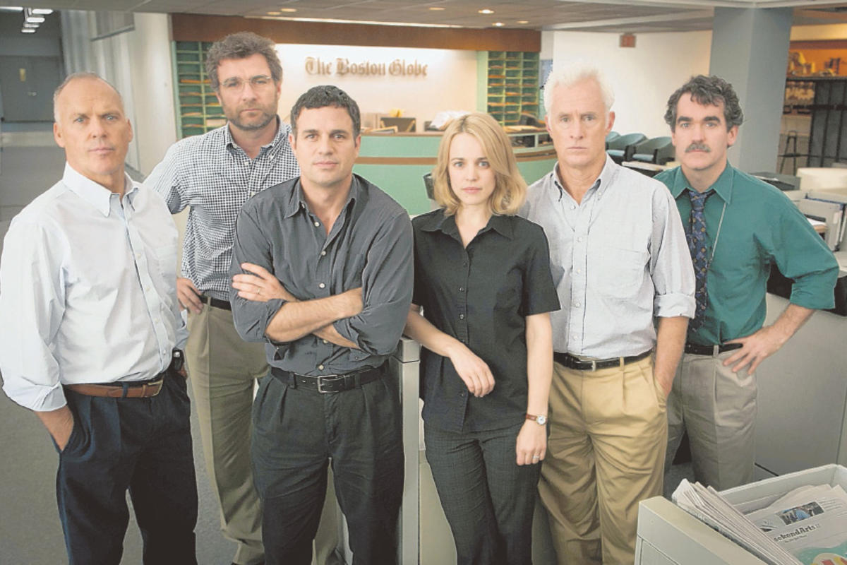 JOURNALISTS: At top from left to right, Michael Keaton as Walter ‘Robby’ Robinson, Liev Schreiber as Marty Baron, Mark Ruffalo as Michael Rezendes, Rachel McAdams as Sacha Pfeiffer, John Slattery as Ben Bradlee Jr. and Brian d’Arcy James as Matt Carroll from the new film, ‘Spotlight,’ which depicts the Boston Globe’s investigation of the archdiocese clergy sex abuse scandal. (Courtesy of Open Road Films)
