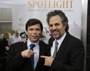 Pulitzer Prize-winning investigative reporter Michael Rezendes, left, stands for a photograph with actor Mark Ruffalo, who plays Rezendes in the film "Spotlight," at the Boston area premiere of the film last month.