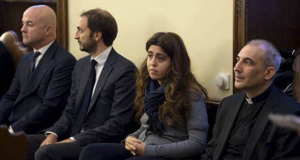 Journalists Emiliano Fittipaldi and Gianluigi Nuzzi, lay consultant Francesca Chaouqui bd Spanish monsignor Angel Lucio Vallejo Balda at their trial in the Vatican in November 24th. Photograph: Reuters/Osservatore Romano