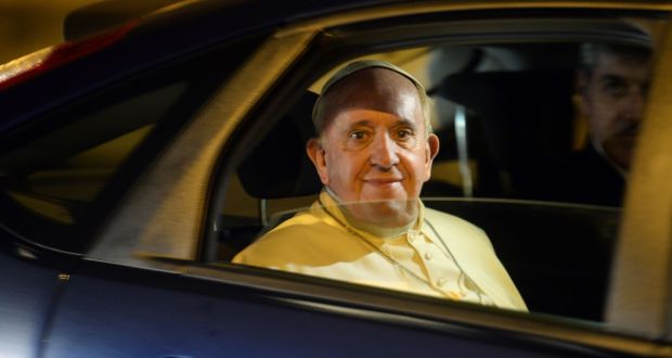 Pope Francis arriving at the St Maria Maggiore cathedral upon his return to Rome on Monday. Photograph: AFP Photo/Filippo Monteforte