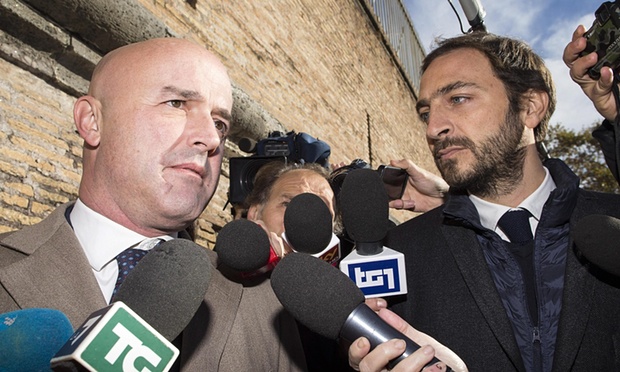 Italian journalists Gianluigi Nuzzi (left) and Emiliano Fittipaldi arrive for the first day of the trial in the Vatican on 24 November. Photograph: Massimo Percossi/EPA