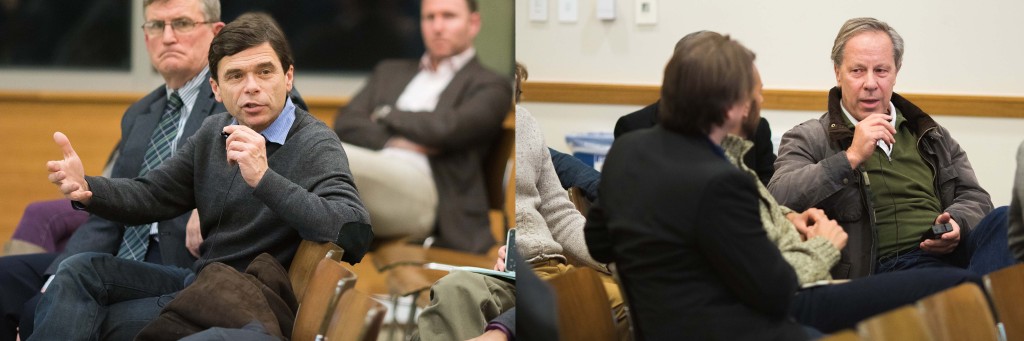 Boston Globe Reporter Mike Rezendes (left foreground) and Ben Bradlee Jr (far right), former deputy managing editor of the Boston Globe, participated in the discussion.