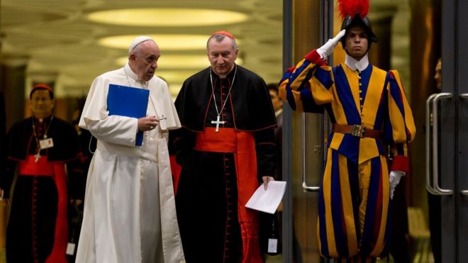 Vatican Secretary of State Pietro Parolin (at centre), seen with Pope Francis, may be called as a defence witness