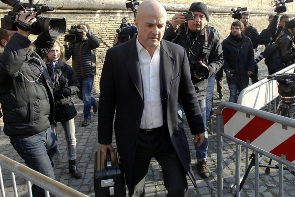 Journalist Gianluigi Nuzzi arrived at the Vatican for his trial, Monday. Two Italian journalists who wrote books detailing Vatican mismanagement face trial in a Vatican courtroom along with three others accused of leaking them the information.