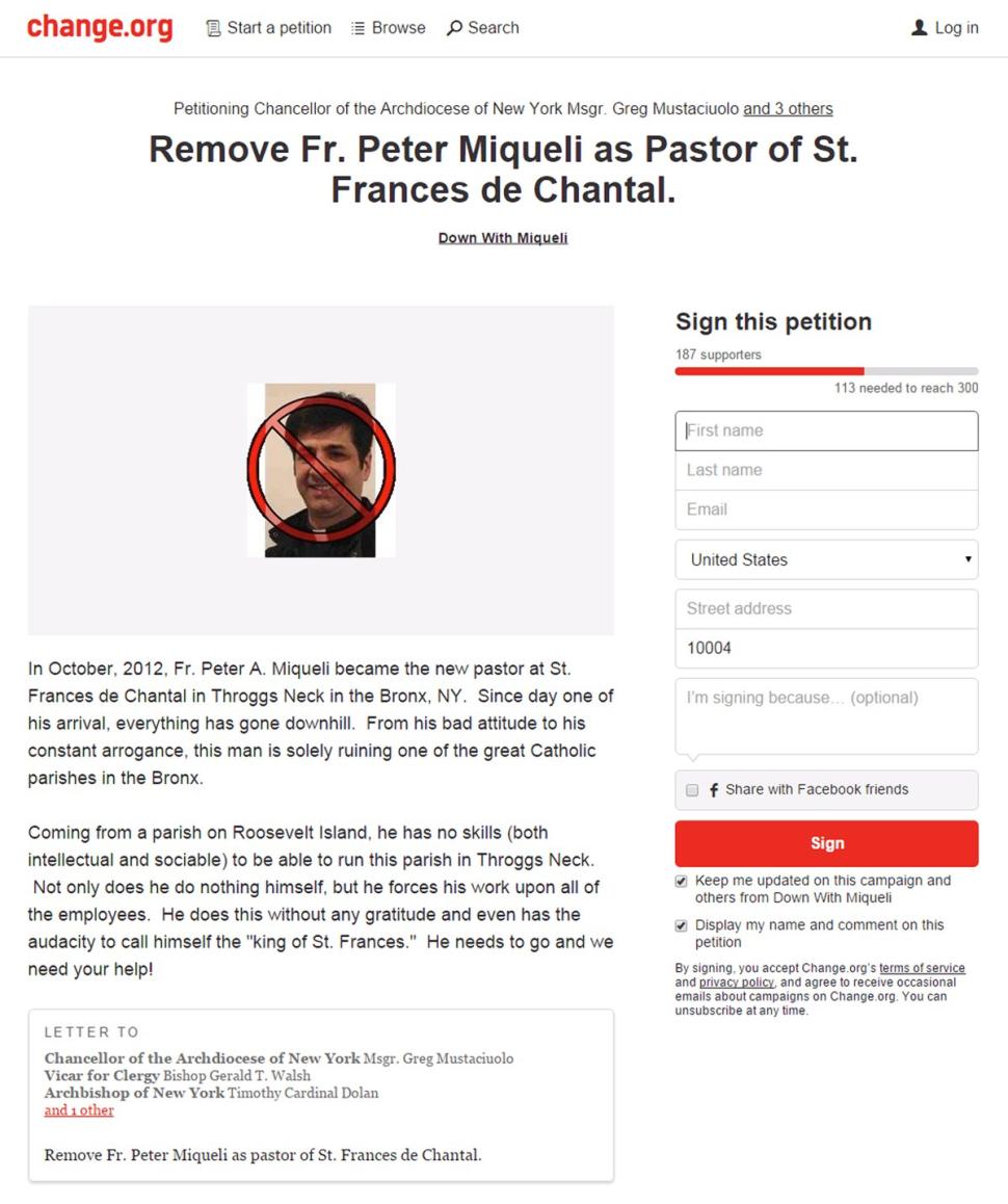 Church parishioners created a petition demanding the removal of Rev. Miqueli.