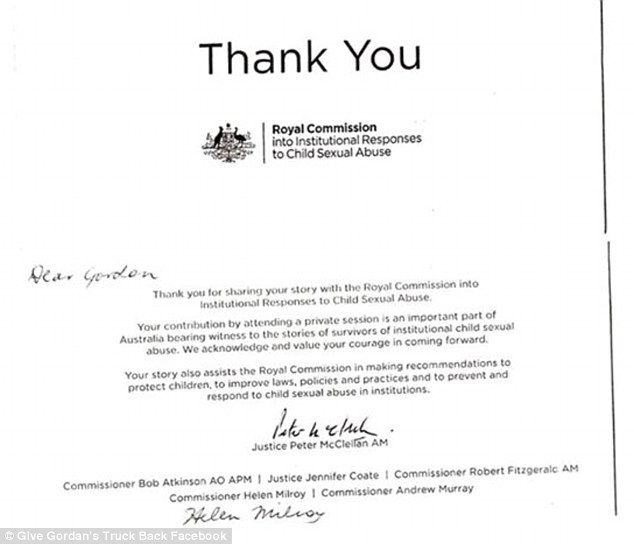 Gordon Myers, now 50, was thanked for sharing his story with the Royal Commission into Institutional Responses to Child Sexual Abuse