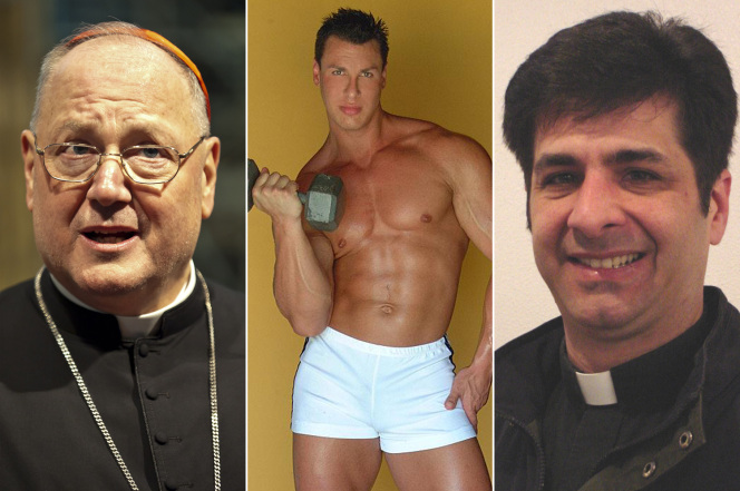 A scorned ex-girlfriend of Keith Crist (center) emailed details of his alleged kinky sex romps with the Rev. Peter Miqueli to Cardinal Dolan (left).