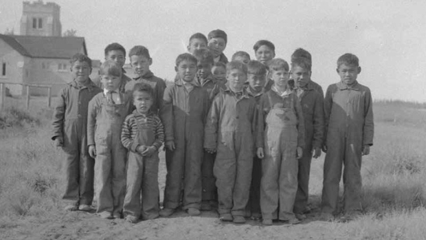 Inuit children stand outside a residential school in a photo released by the Truth and Reconciliation Commission along with its final report. (Indian and Northern Affairs, Library and Archives Canada)