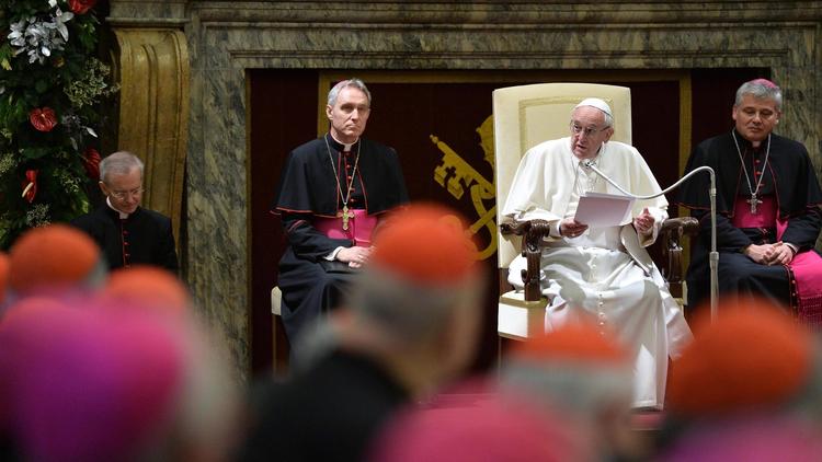 Pope Francis speaks Monday during the traditional Christmas greeting to the Roman Curia at the Vatican. (Alberto Pizzoli /Pool / European Pressphoto Agency)
