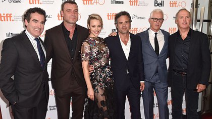 Actors Brian d’Arcy James, Liev Schreiber, Rachel McAdams, Mark Ruffalo, John Slattery and Michael Keaton attend the ‘Spotlight’ premiere during the 2015 Toronto International Film Festival on September 14. (Photo by Alberto E. Rodriguez/Getty Images)