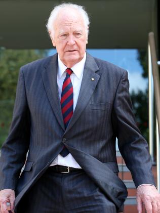 Dr Peter Hollingworth leaves the Royal Commission into Institutional Responses to Child Sexual Abuse after giving evidence to the hearing in Hobart. Picture: NIKKI DAVIS-JONES