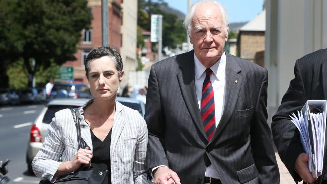 Dr Peter Hollingworth leaves the Royal Commission into Institutional Responses to Child Sexual Abuse after giving evidence to the hearing in Hobart. Picture: NIKKI DAVIS-JONES