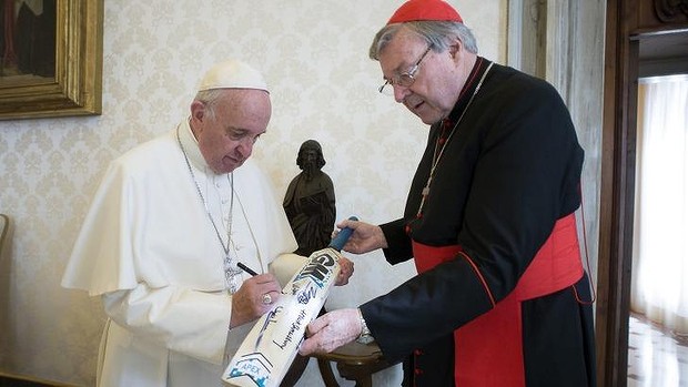 Cardinal George Pell is a trusted adviser and gave the Pope a cricket bat to mark a friendly match. Photo: AP