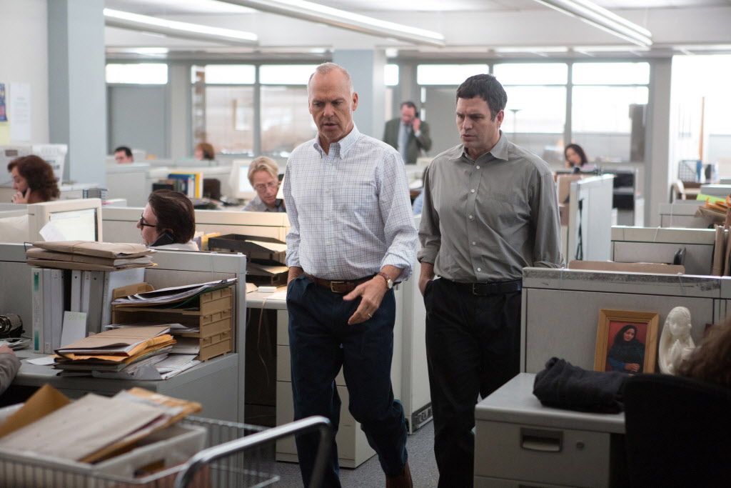 Michael Keaton (left), as Walter “Robby” Robinson, and Mark Ruffalo, as Michael Rezendes, star in the Oscar-winning film “Spotlight.” (Kerry Hayes/Open Road Films)
