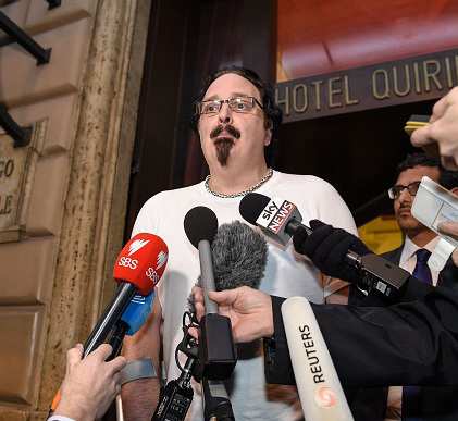 Survivor Stephen Woods, abused by Father Risdale, addresses reporter outside the hearing. Photo: Getty