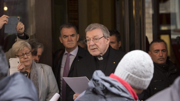 Cardinal George Pell leaves the Quirinale hotel in Rome after meeting with sex abuse survivors.