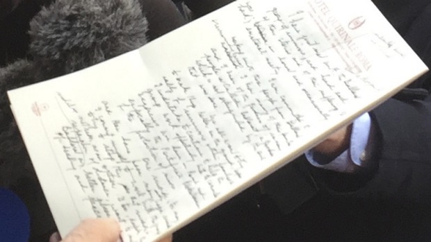 Cardinal George Pell's handwritten statement. Photo: Nick Miller