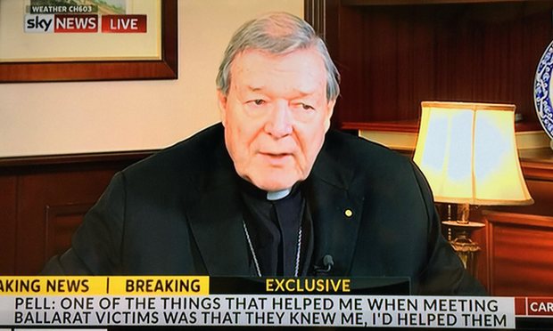 George Pell speaks with Andrew Bolt in his exclusive interview on Sky following his four days of testimony to the royal commission into institutional responses to child sexual abuse. Photograph: Sky