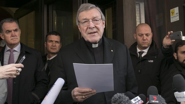 Cardinal George Pell delivers a statement after meeting with victims of abuse in Rome. Picture: Ella Pellegrini
