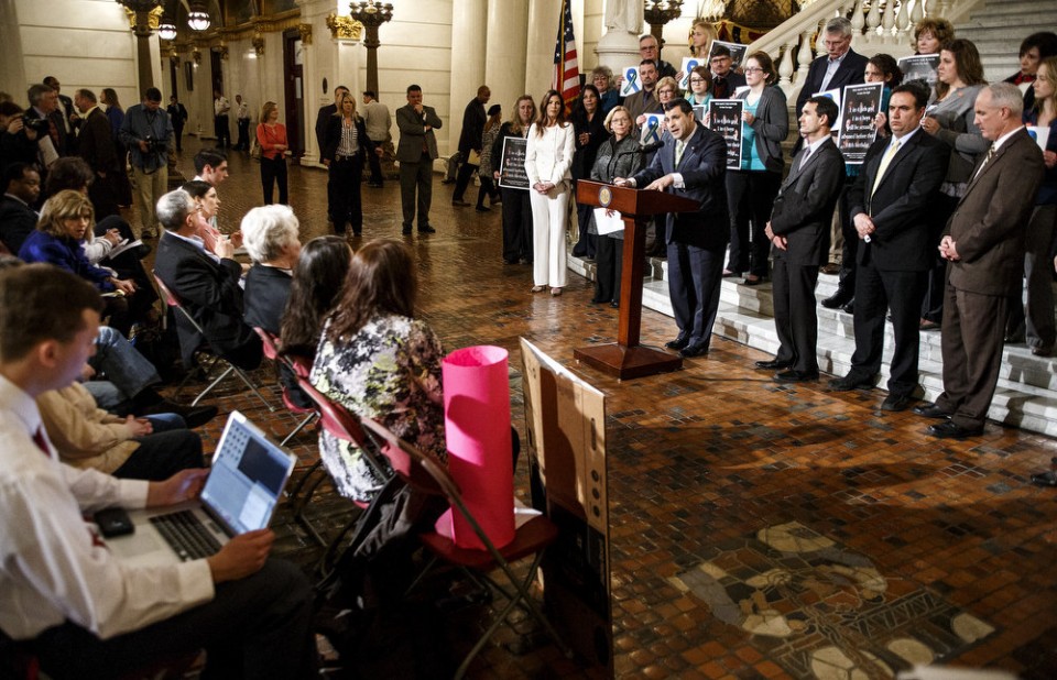 State Rep. Mark Rozzi, D-Berks, speaks at a child sex abuse statute of limitations rally at the state Capitol. Victims, advocates and legislators take part in a child sex abuse statute of limitations reform news conference and rally in the state Capitol Rotunda, March 14, 2016. Dan Gleiter, PennLive.com