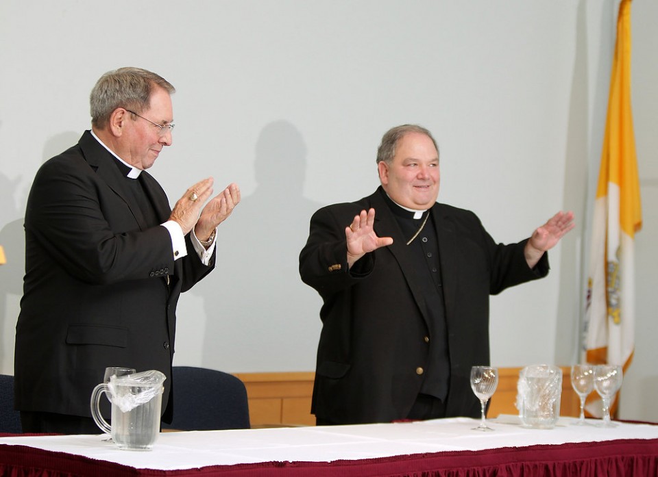 Newark Archbishop John J. Myers and co-Adjutor Bernard Hebda hold a news conference at the Archdiocese of Newark's Archdiocesan Center in Newark . 9/24/13 (John O'Boyle/The Star-Ledger)