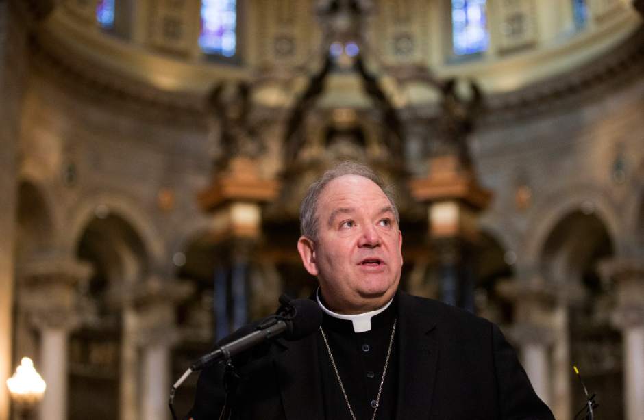 Archbishop Bernard Hebda speaks during a news conference at St. Paul Cathedral after being appointed as Archbishop of the archdiocese of St. Paul and Minneapolis on Thursday, March 24, 2016 in St. Paul, Minn.