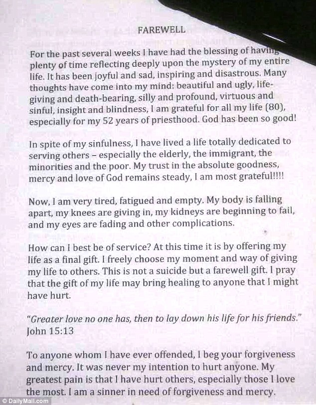 Carefully written: The Notre Dame professor left this printed suicide note calling his death 'a farewell gift' and only admitting to being 'a sinner' at the end - after praising himself for 'a life totally dedicated to serving others'