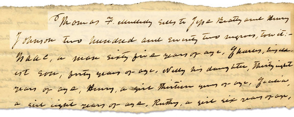 The bill of sale was dated June 19, 1838, and stated: “Thomas F. Mulledy sells to Jesse Beatty and Henry Johnson two hundred and seventy two negroes, to wit.” It outlined a payment plan, with discounts if the slaves turned out to be more infirm than described.