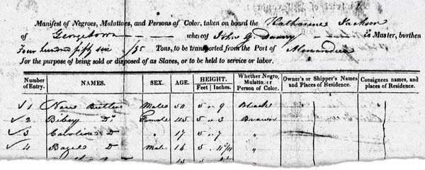 The ship manifest of the Katharine Jackson, available in full at the Georgetown Slavery archive, listed the name, sex, age and height of each slave transported to New Orleans in the fall of 1838. It showed that the cargo included dozens of children, among them infants as young as 2 months old.