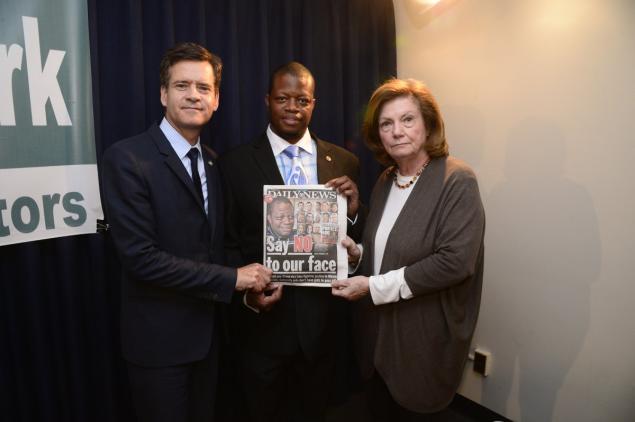 Margaret Markey (r.) and Brad Hoylman (l.) with childhood sex abuse survivor Ronald Savage (c.).