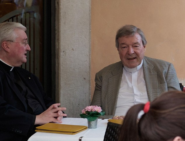 Cardinal Pell seemed to be in good spirits during a lunch at a restaurant at a piazza in Rome