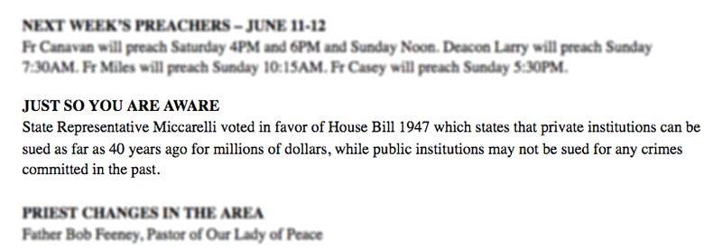 Rep. Nick Miccarelli, a Delaware County Republican, was shocked to learn this item was published in the June 5 church bulletin at St. Rose of Lima parish in Eddystone, Delaware County.