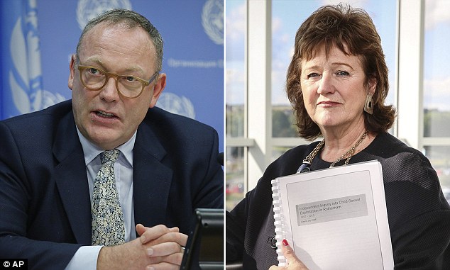 Lawyers for Ben Emmerson QC (pictured, left) have issued a furious rebuttal. The chairman of the inquiry, Professor Alexis Jay (right), remained silent about why he was suspended last week when she was questioned by MPs