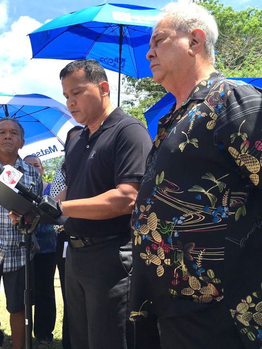 In this May file photo, Roy Taitague Quintanilla, center, in black shirt, speaks at a press conference, alleging that Archbishop Anthony Apuron molested him 40 years ago. Attorney David Lujan, right, and others stand around him outside the Archdiocese of Agana in Hagatna.