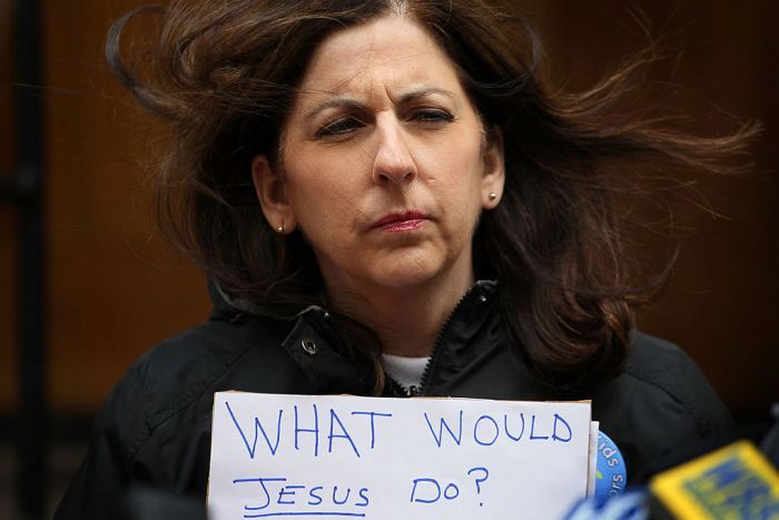 Therese Albrecht, a member of Survivors Network of those Abused by Priests (SNAP) demonstrates outside the Catholic archdiocesan chancery office in Chicago, Illinois. (Scott Olson/Getty Images, 2010)