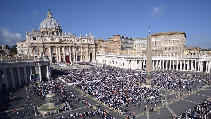 A general view shows faithful in St Peter's square, at the Vatican. (Getty)