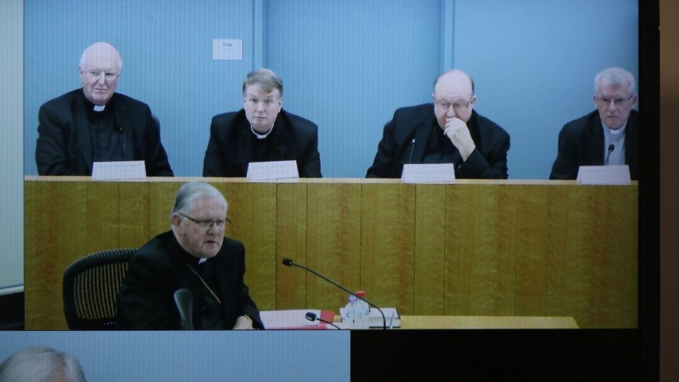 A television screen photograph of the Australian Archbishops attending the Royal Commission Child Sex Abuse in Sydney Photo: AAP