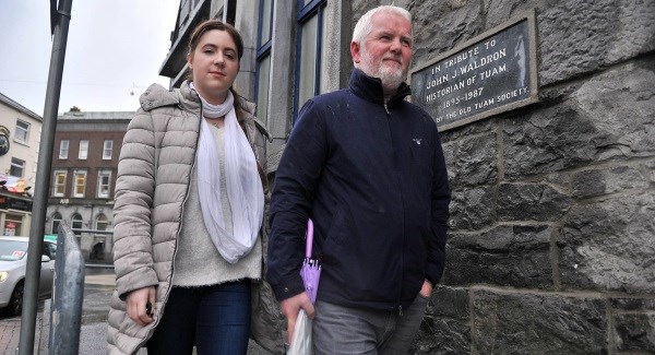 Cllr Karey McHugh and Cllr Shaun Cunniffe leave Tuam Town Hall where a meeting was held for residents who live near the Mother and Baby Home.