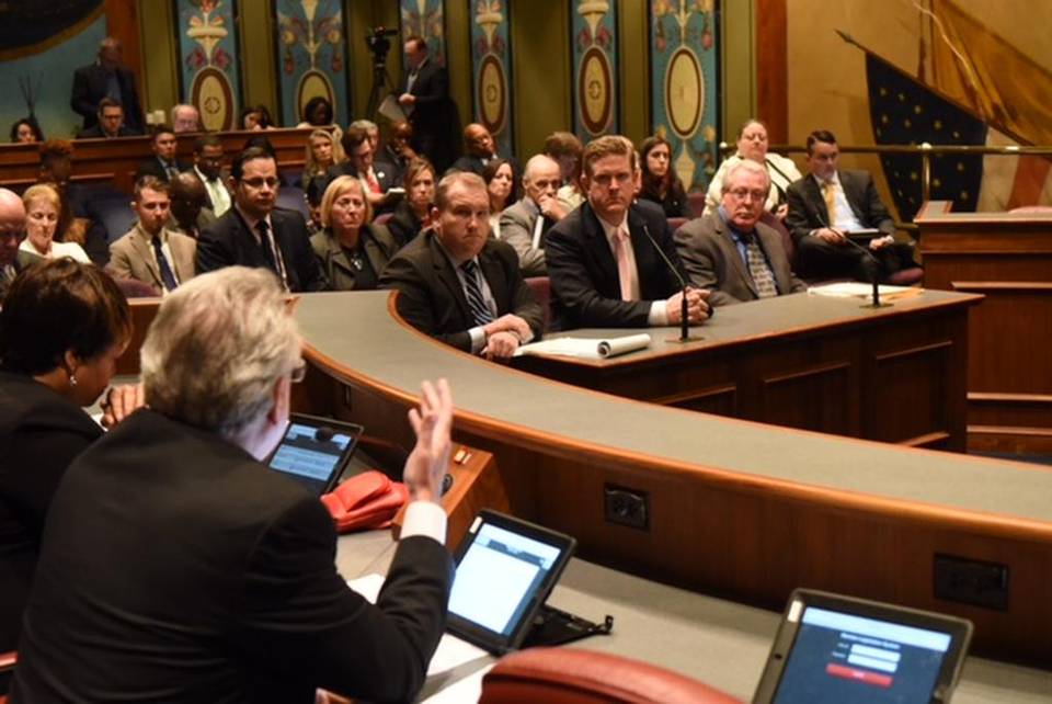 St. Clair County State’s Attorney Brendan Kelly, center, testifies before Senate Committee to abolish statute of limitations in child sex crime cases Provided