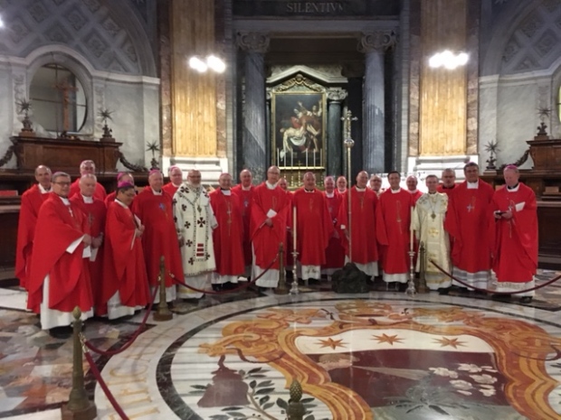 Western Canadian bishops, including Regina Archbishop Don Bolen (far left, back row) prepare for mass at the tomb of St. Peter this week in the Vatican. It's the delegation's first papal audience in more than a decade. (submitted)