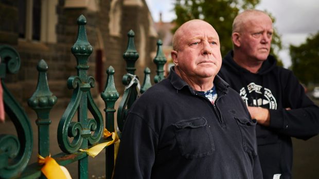 Clergy sexual abuse survivors Tony Wardley and Dominic Ridsdale outside St Alipius church. Photo: Luka Kauzlaric